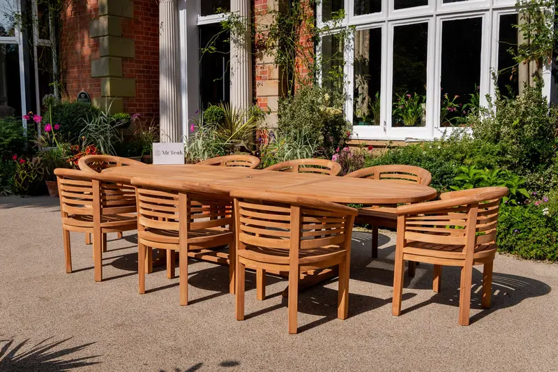 Bowness 8-Seat Teak Outdoor Dining Set For Patios 1