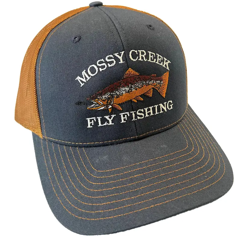 Mossy Creek Vintage Logo Trucker Hat – Navy & Caramel Design 1
